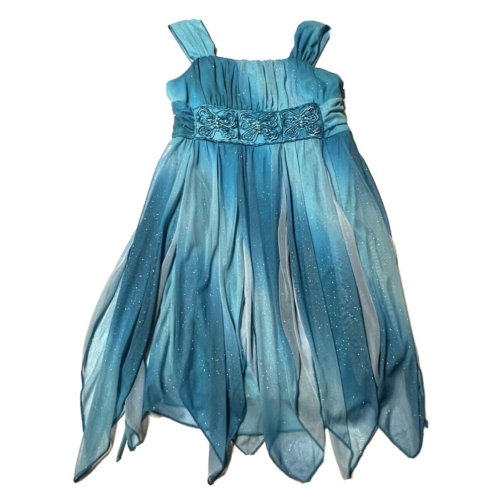 Girls Easter Party Dress Turquoise Sparkle Butterfly Embroidered Waist Sz 14 EUC